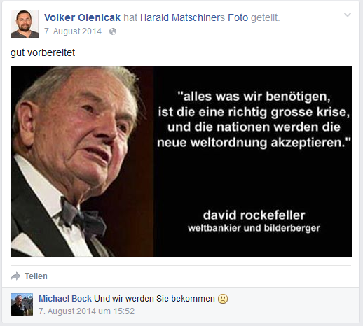 "Rockefeller hat einen Plan.."Typische und bereits von den Nationalsozialisten verwendetes Motiv, um eine angebliche "jüdische Weltverschwörung" zu propagieren.