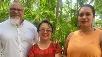 UN Special Rapporteur on the right of Indigenous Peoples, Vicky Tauli-Corpuz (centre), with Adrian Burragubba (left) and Murrawah Johnson (right)