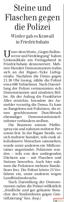 Berliner Zeitung: »Steine und Flaschen gegen die Polizei«