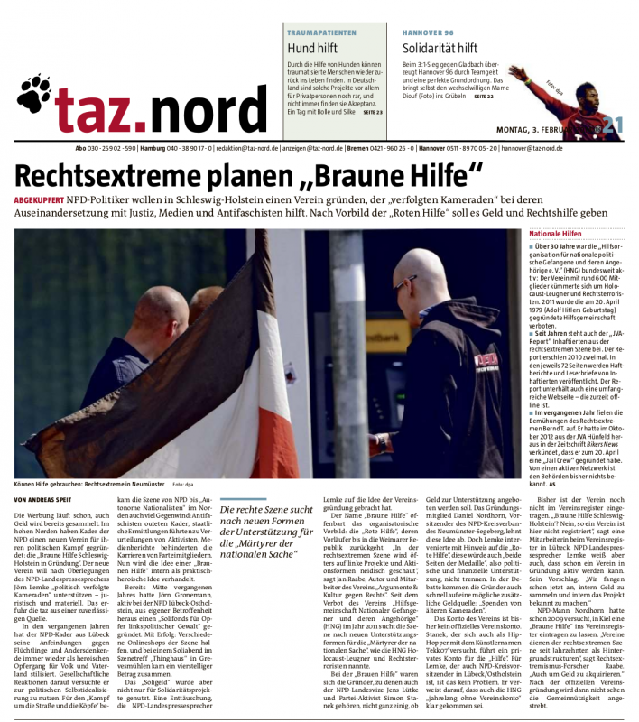 taz.nord vom 03.02.2014: Rechtsextreme planen „Braune Hilfe“