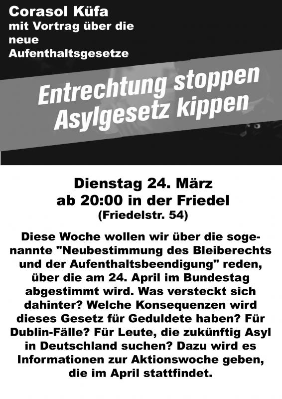 Flyer: Entrechtung stoppen, Asylgesetz kippen