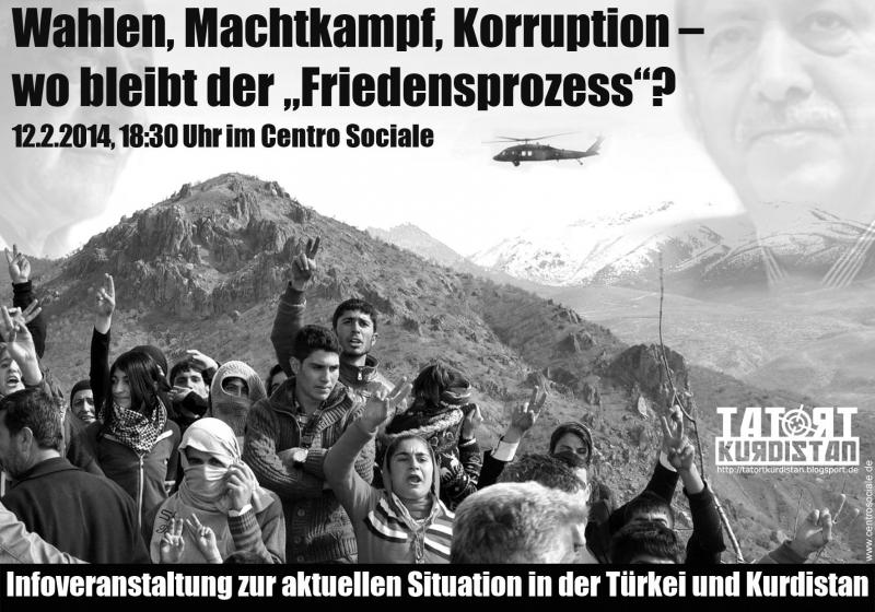 Flyer zur Infoveranstaltung 12.2.: Wahlen, Machtkampf, Korruption – Wo bleibt der „Friedensprozess“?  18:30 Uhr Cen­tro So­cia­le