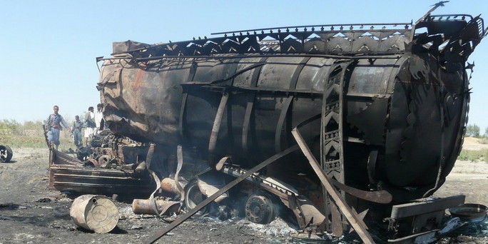 Wrecked oil truck outside of Kunduz