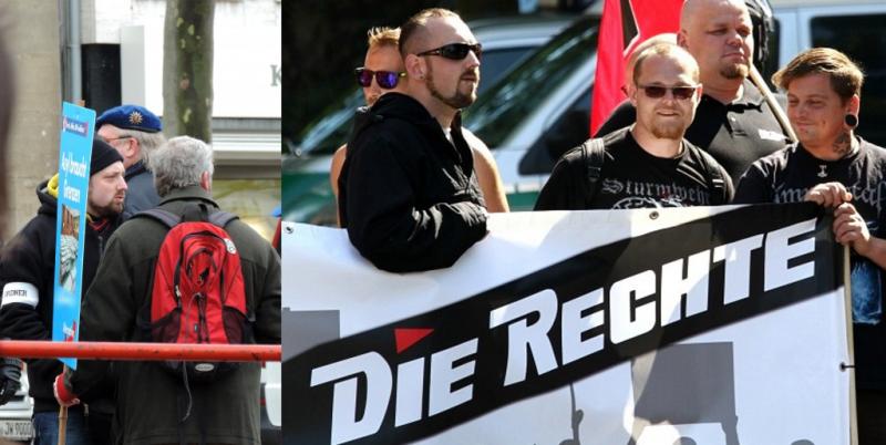 Marcel Weifenbach mit Ordnerbinde auf der AfD Kundgebung  Marcel Weifenbach am Transparent der neonazistischen Partei „Die Rechte“ am 29.08.2015 in Goslar