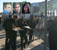 In Begleitung eines weiteren Neonazis versuchen sich Kai Schuster und Susan Witzki (v.l.n.r.) einer antirassistischen Demonstration zu nähern, 3. Oktober 2013