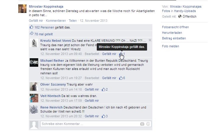 Facebook-Veröffentlichung von Mirko Kopper, Kopper liked rechtsradikale Kommentare, 12.November 2013