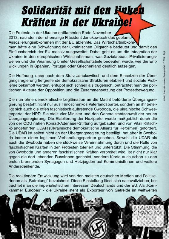 Flyer Vorderseite "Solidarität mit den linken Kräften in der Ukraine"