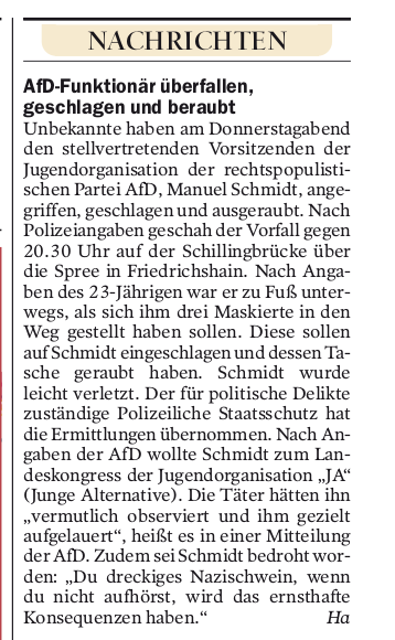 Tagesspiegel: »AFD-Funktionär überfallen, geschlagen und beraubt«