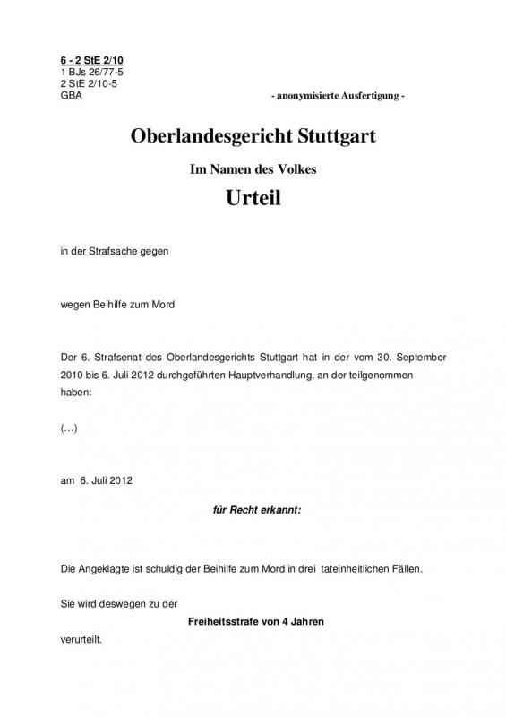 Schriftliches Urteil gegen Verena Becker