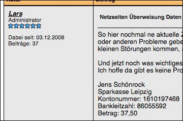 Beitrag von Schönrock im geheimen FN-Forum, nebst Kontodaten