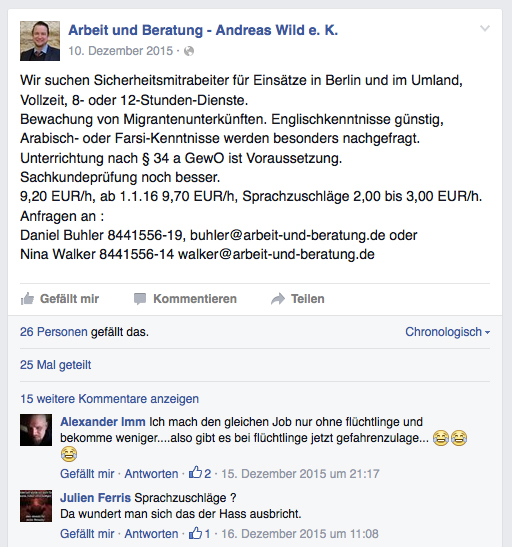 Andreas Wild sucht Sicherheitspersonal für Flüchtlingsheime