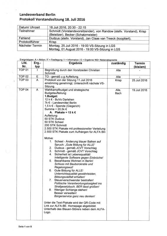 ALFA Landesverband Berlin - Protokoll Vorstandssitzung 18. Juli 2016 - Blatt 1