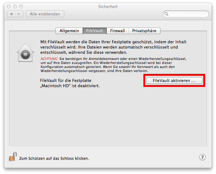 FileVault-Einstellungen