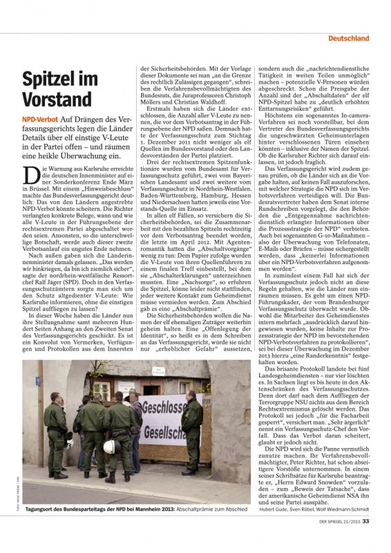 DER SPIEGEL 21/2015  Artikel: »Spitzel im Vorstand«