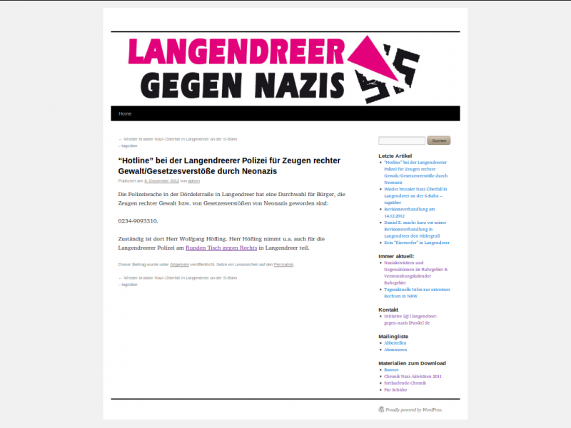 “Hotline” bei der Langendreerer Polizei für Zeugen rechter Gewalt-Gesetzesverstöße durch Neonazis