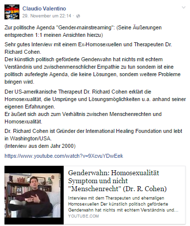 Homophobe Aussage mit völlig wirrem Ansatz, man könne Homosexualität heilen.