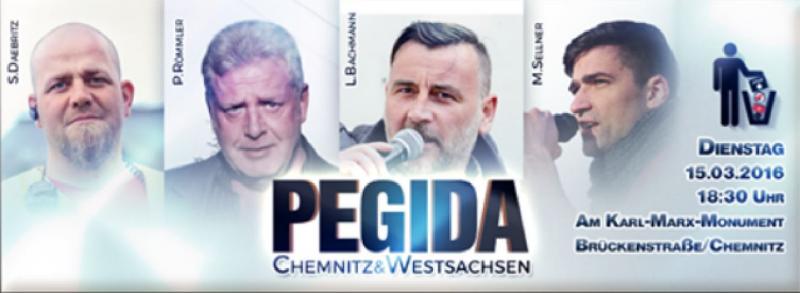 Pegida Chemnitz - Westsachsen mit Siegfried Daebritz (Pegida Vize), Piere Römmler, Lutz Bachmann (Pegida), Martin Sellner (Identitäre Bewegung)