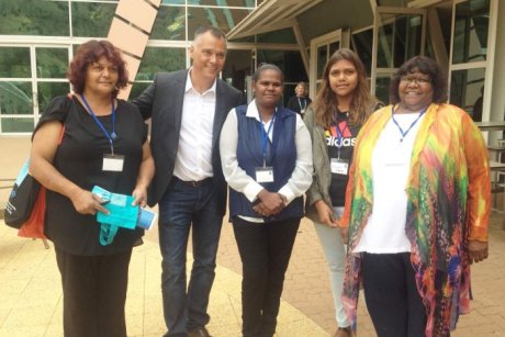 Stan Grant meets (from left) Janine Evans, Bianca Redmond, Elizabeth O'Brien and Colleen Berry.