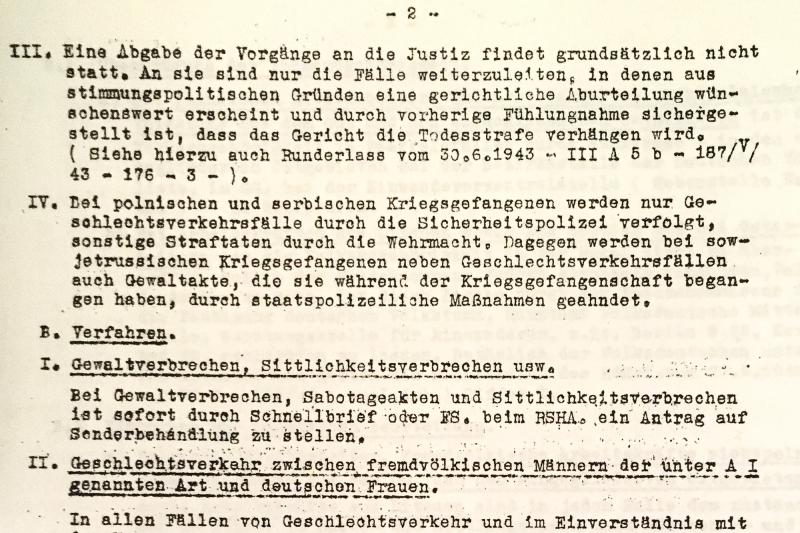 „Bei Gewaltverbrechen, Sabotageakten, und Sittlichkeitsverbrechen ist sofort durch Schnellbrief oder FS. beim RSHA. ein Antrag auf Sonderbehandlung zu stellen.“