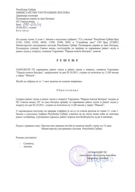 Official Ban of Belgrade Pride