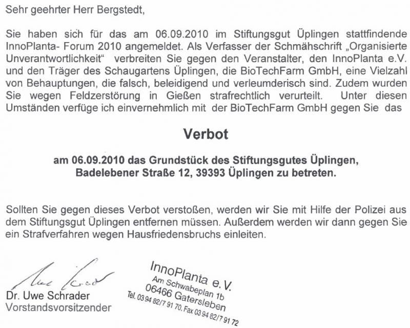 Schon 2009: KritikerInnen unerwünscht - Ausladung beim InnoPlanta-Forum auf dem Hofgut Üplingen