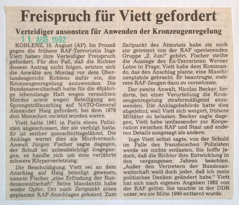 Freispruch für Viett gefordert - 11. August 1992