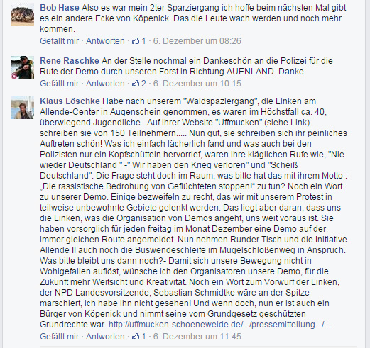 "Demo durch unseren Forst in Richtung AUENLAND" und "dass uns die Linken, was die Organisation von Demos angeht, uns weit voraus ist."