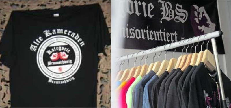 T-Shirt Alte Kameraden und Kategorie BS / Foto im Thor Steinar-Laden Rheingoldstr.(Banner Kategorie BS erkennbar) 