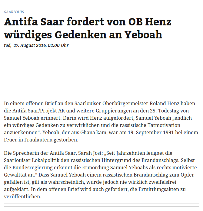 Artikel in der Saarbrücker Zeitung