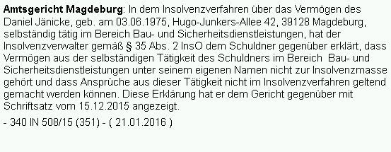 Öffentliche Insolvenzbekanntmachung: Daniel Jänicke