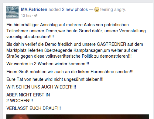 MV.Patrioten auf Facebook zu ihren abgebrannten Autos