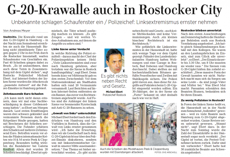 Ostsee-Zeitung, 10.07.2017, G-20-Krawalle auch in Rostocker City