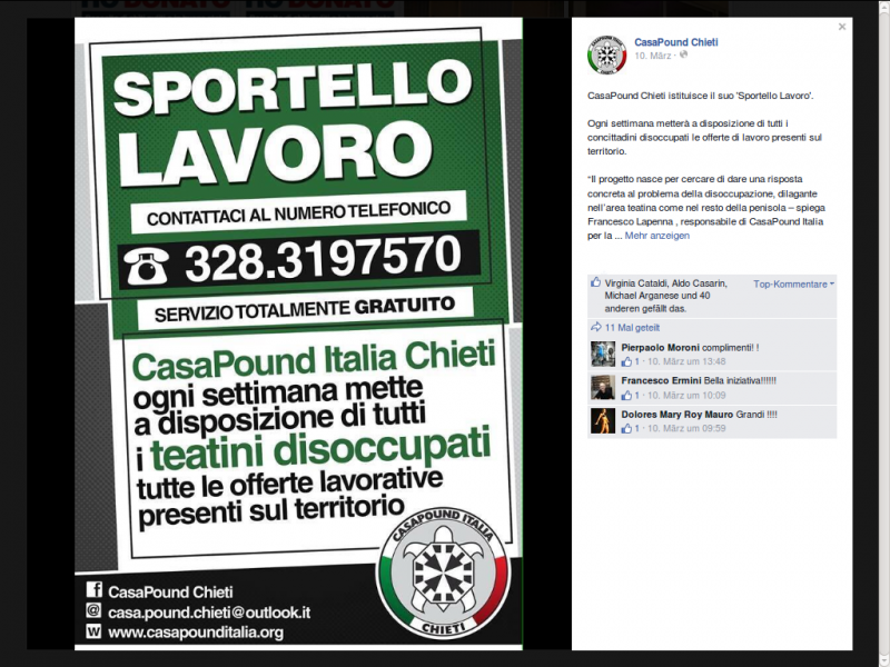 Screenshot: CasaPound Chieti facebook-siteArbeitsvermittlung