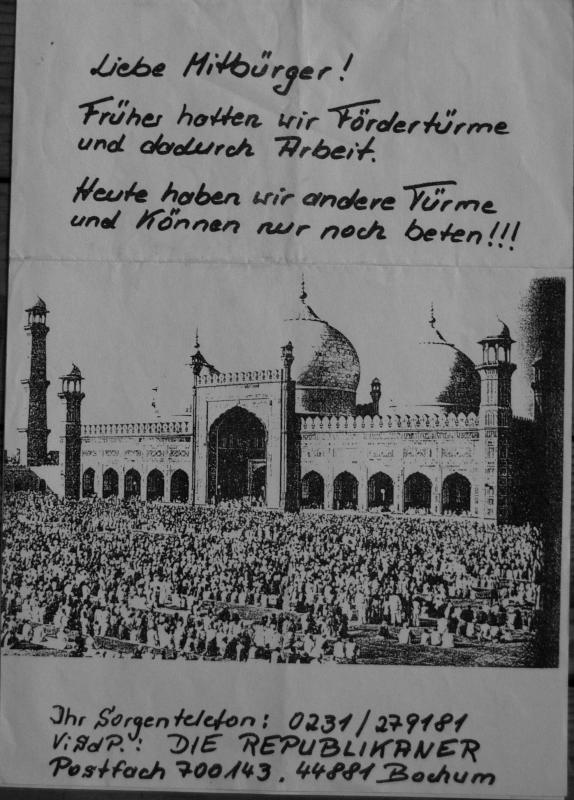 Minarett-Flugblatt der REPsin den 90zigern(Azzoncao-Archiv)