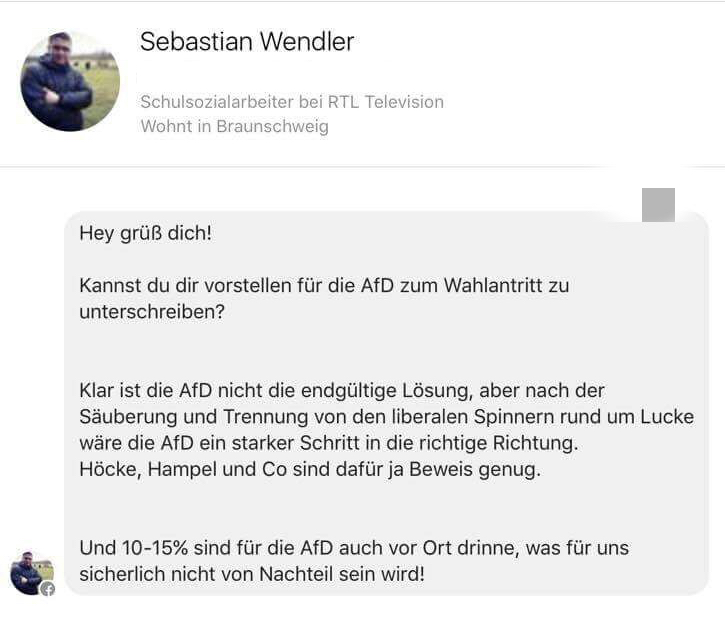 Foto: Screenshot einer Facebook-Nachricht von "Sebastian Wendler" alias Sebastian Weigler.