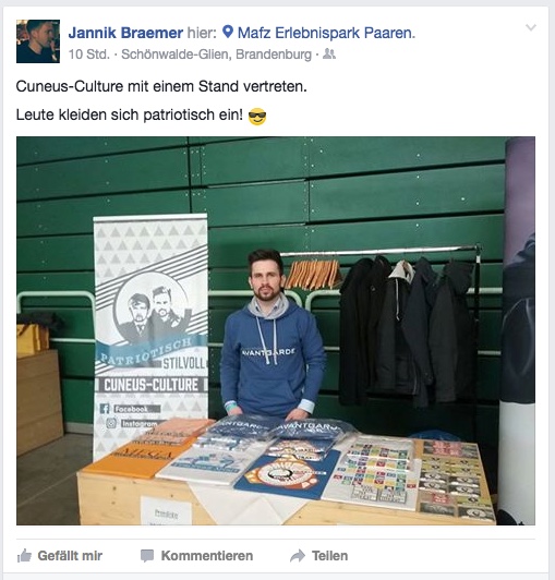 "Cuneus Culture"-Stand beim AfD Parteitag in Gliem/Brandenburg. Dahinter IBster Karsten Vielhaber (aka Karsten Verber) 