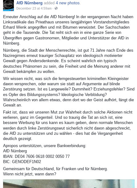 Bitumen gegen Wohnhaus von Erhard Wenk (AFD) in der Heidenheimer Straße 56 in Nürnberg